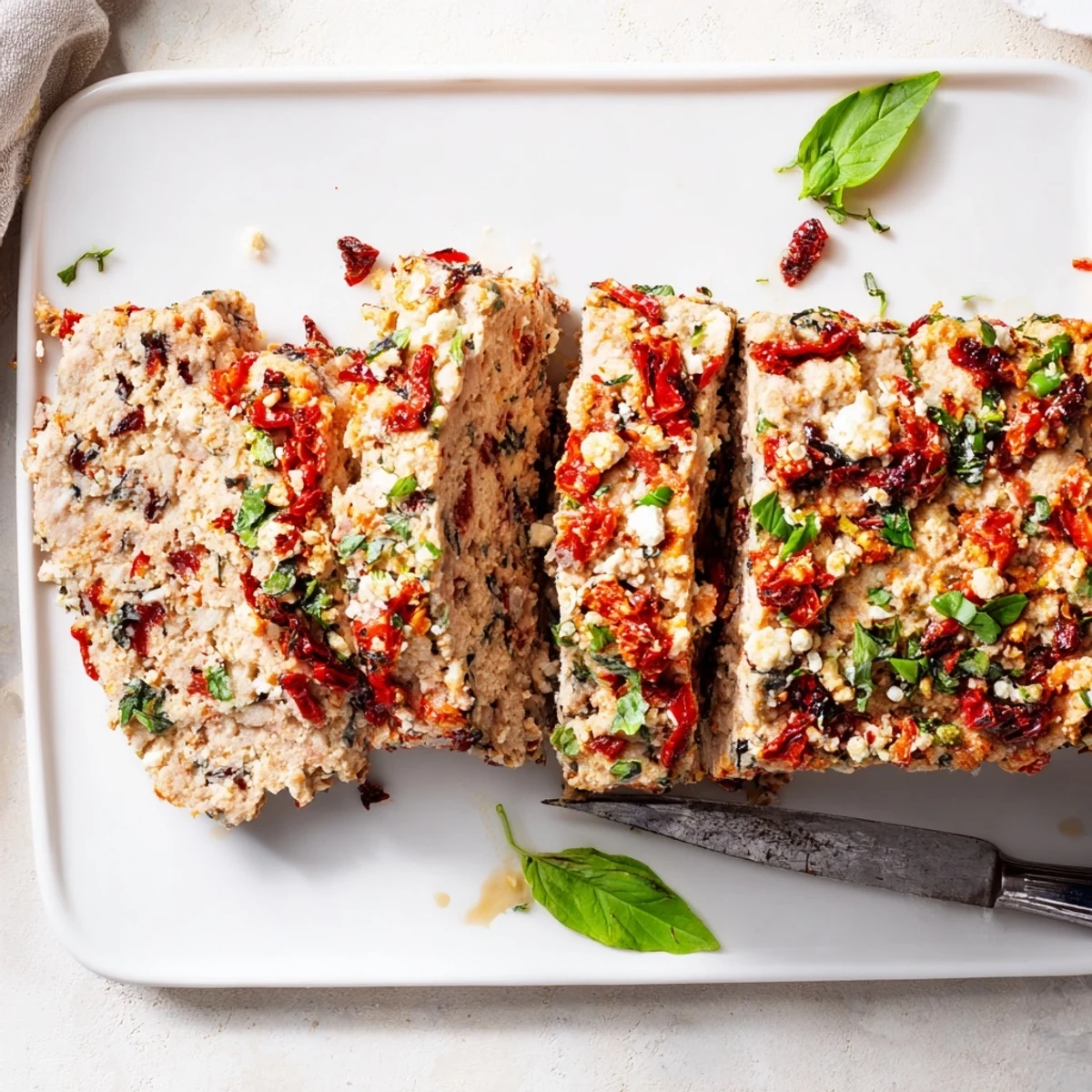 Golden brown Mediterranean turkey meatloaf topped with melted feta and fresh parsley