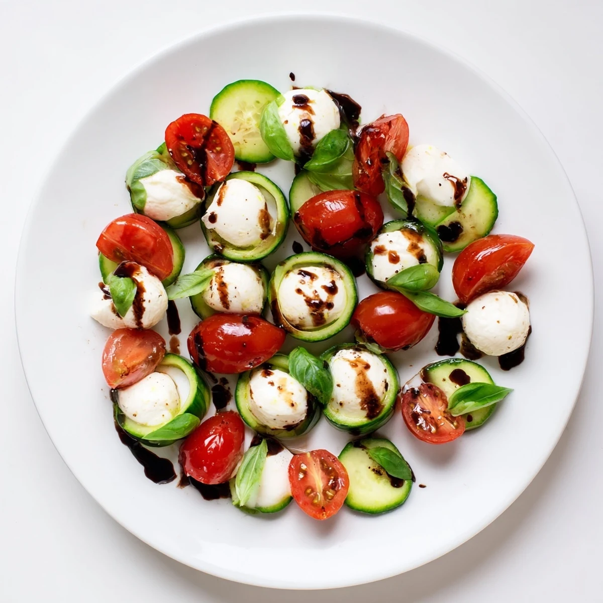 Fresh Easy Cucumber Caprese Salad with crisp cucumbers, tomatoes, and mozzarella drizzled with balsamic glaze