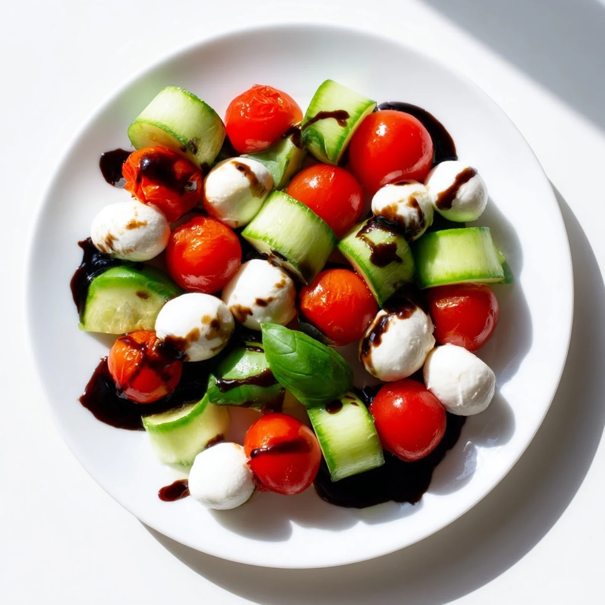 Colorful bowl of Easy Cucumber Caprese Salad featuring halved cherry tomatoes and fresh mozzarella balls