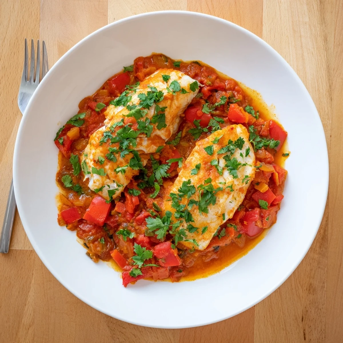 Golden white fish fillets nestled in vibrant Moroccan tomato sauce topped with fresh green herbs
