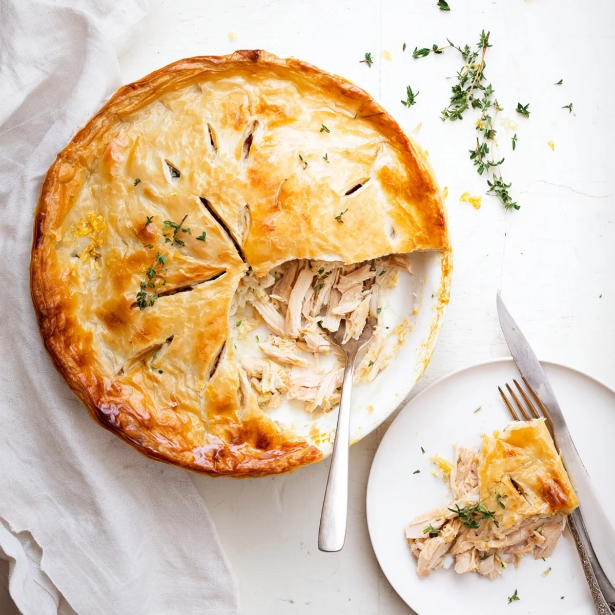 Golden rustic chicken ricotta and herb pie with flaky puff pastry crust, fresh herbs, and creamy ricotta filling sliced on a wooden serving board.