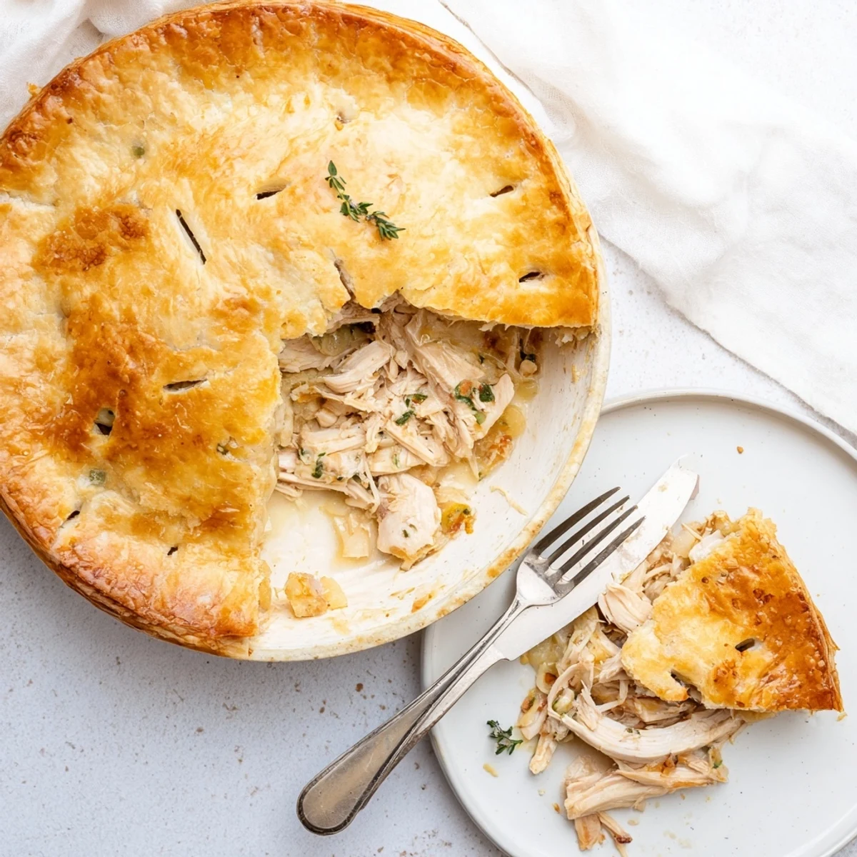Bubbling chicken ricotta and herb pie fresh from the oven, featuring golden brown pastry, tender shredded chicken, and aromatic parsley and rosemary.