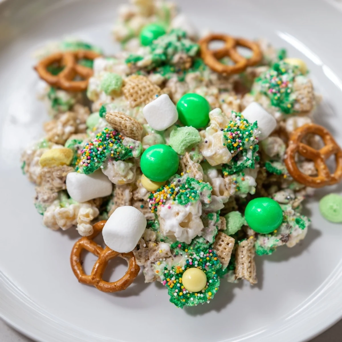 Sweet and salty Leprechaun Bail scattered on parchment paper with melted chocolate coating and colorful toppings