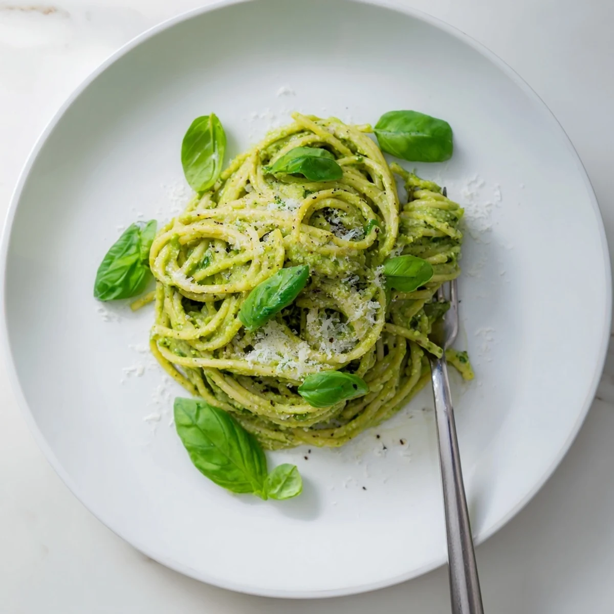 Steaming bowl of pasta layered with smooth avocado basil spinach pesto and grated Parmesan