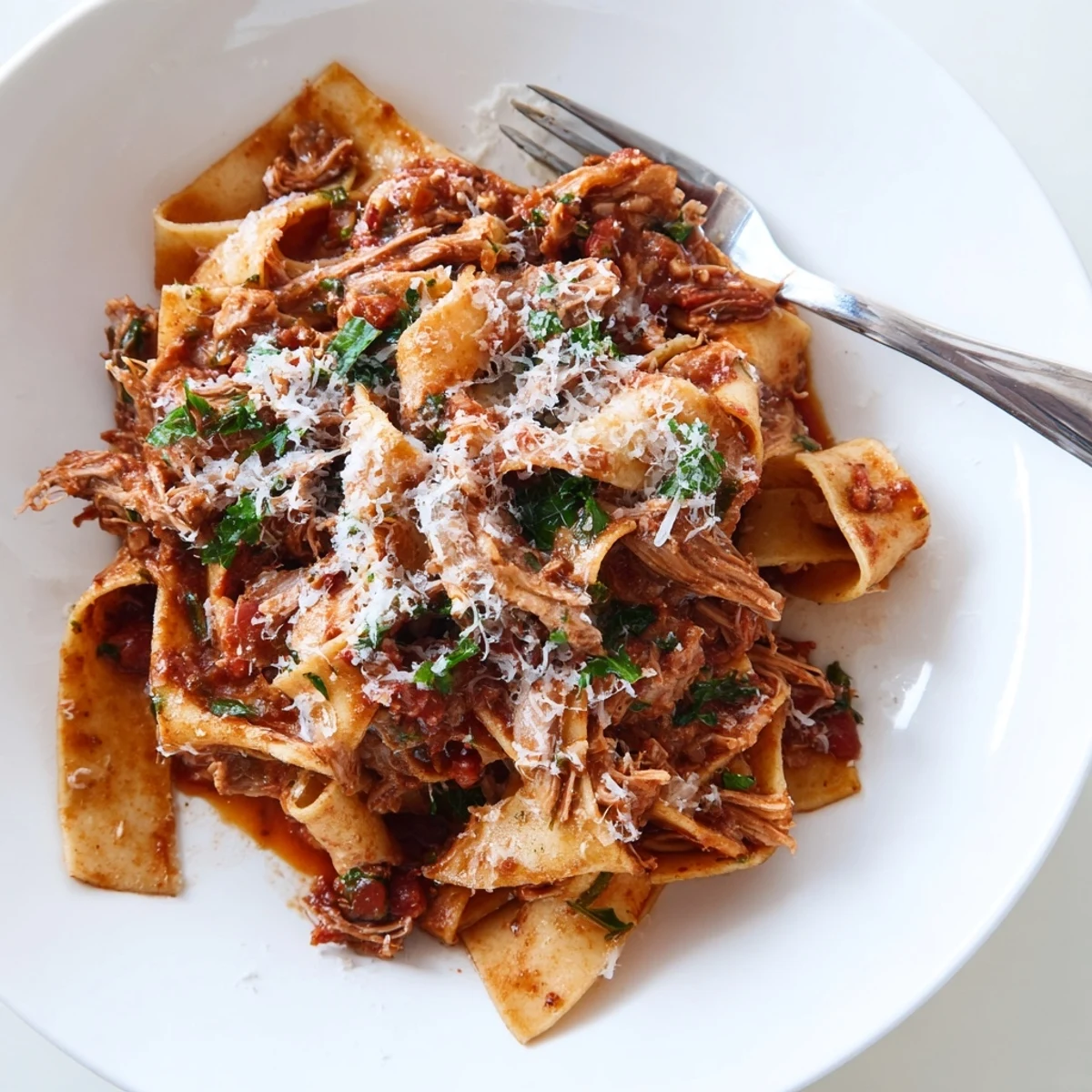 Slow cooked lamb ragu with pappardelle features tender braised lamb in rich tomato sauce over wide pasta ribbons