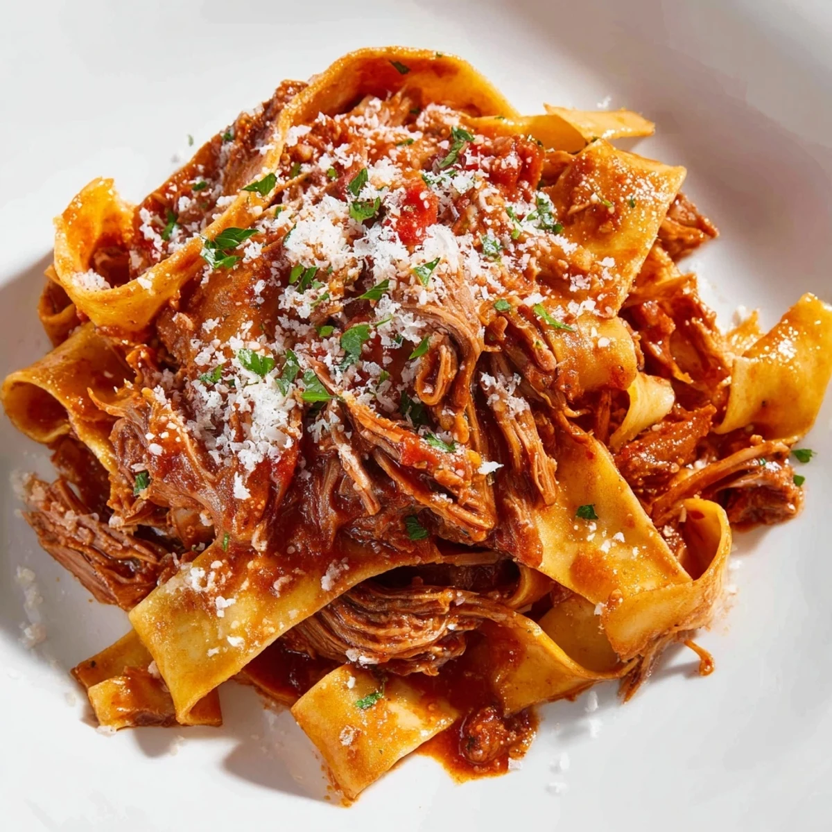 Wide pappardelle pasta coated in thick slow cooked lamb ragu with red wine and aromatic herbs