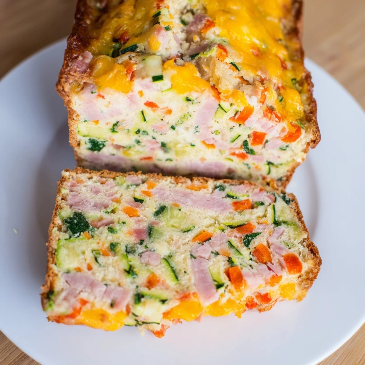 Golden vegetable and ham slice with colorful diced peppers and melted cheddar cheese topping