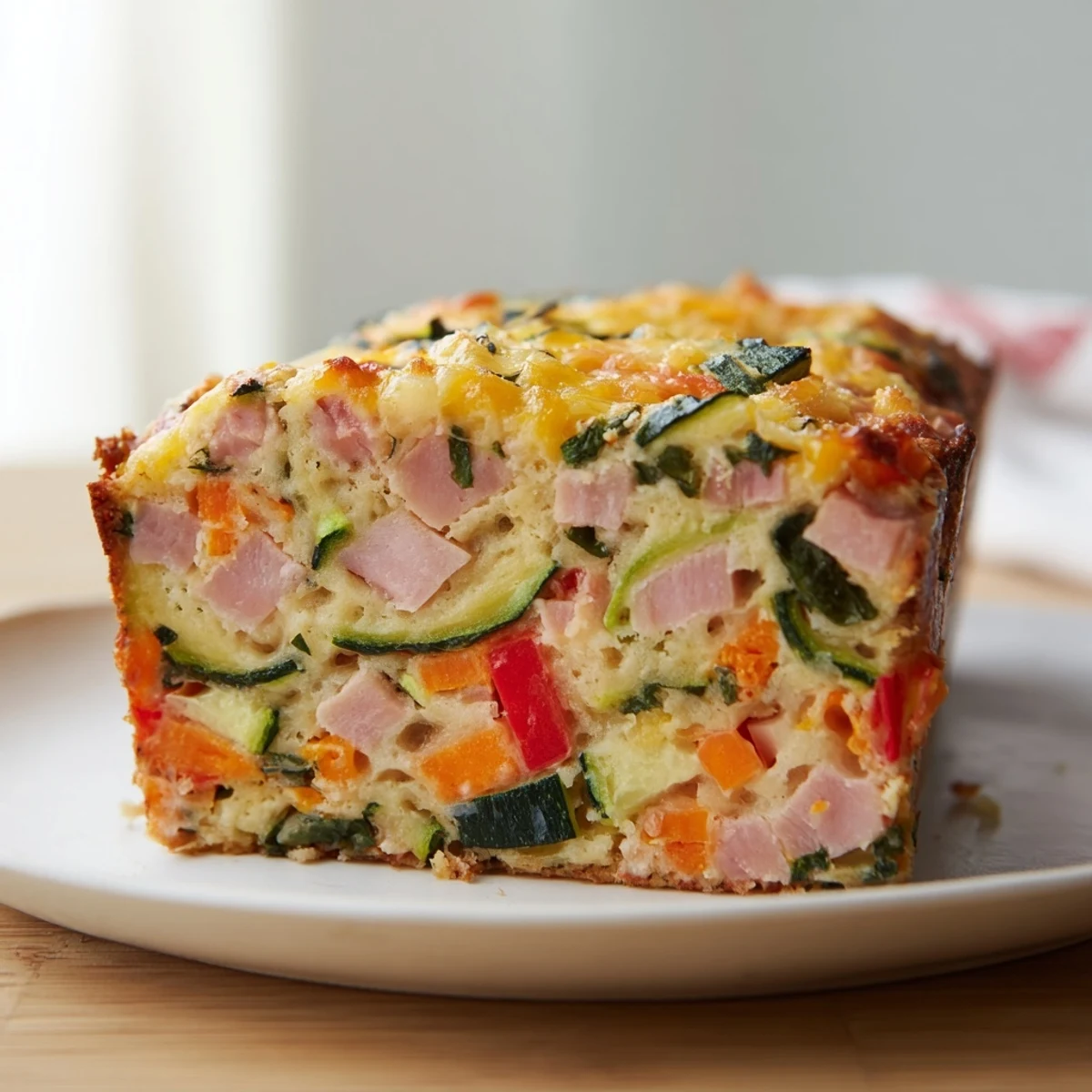 Savory vegetable and ham slice served warm on a wooden board with fresh herbs