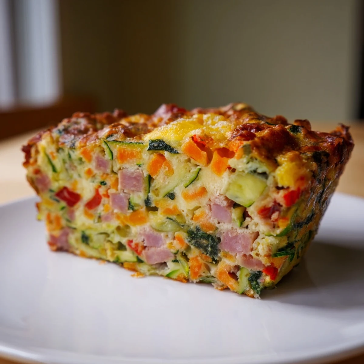 Moist vegetable and ham slice loaf showing tender crumb with grated carrot and zucchini