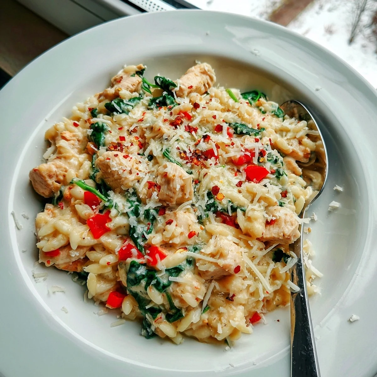 Creamy 30 minute cheesy chicken risoni skillet with melted mozzarella and tender diced chicken pieces