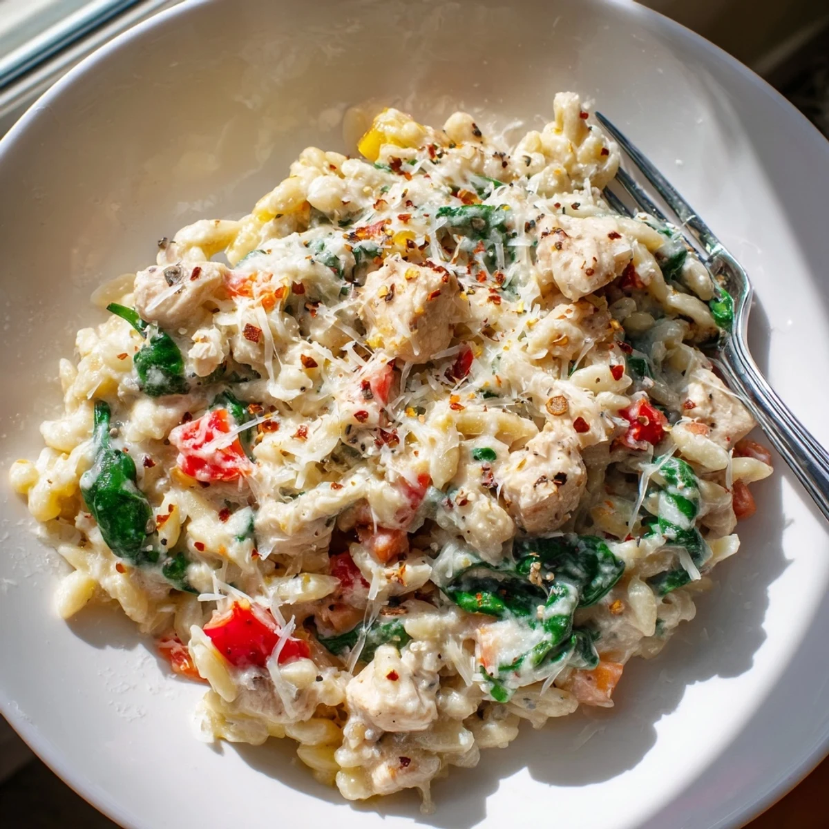 Steaming skillet of Italian-inspired cheesy chicken risoni topped with grated Parmesan and fresh herbs