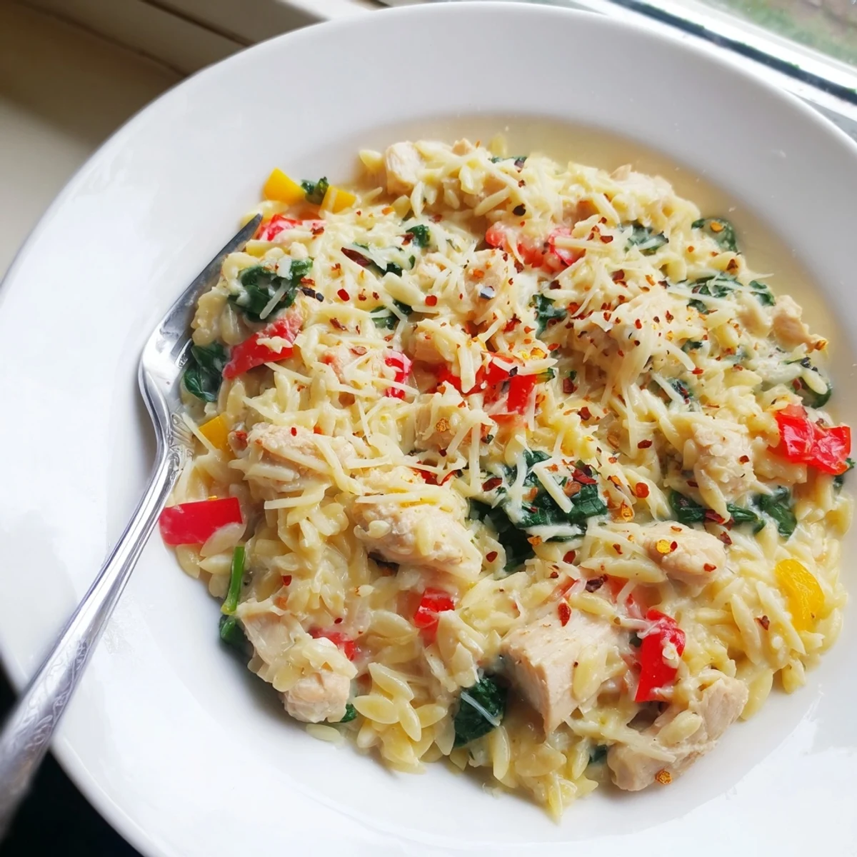 Golden brown chicken nestled in cheesy risoni pasta with spinach and red bell pepper