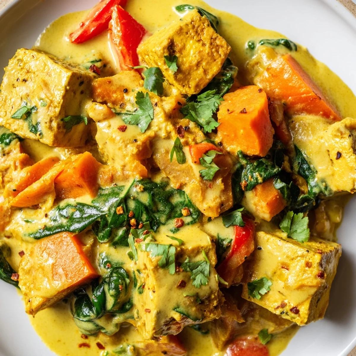 Creamy vegetarian pumpkin tofu curry with golden crispy tofu cubes in rich coconut sauce
