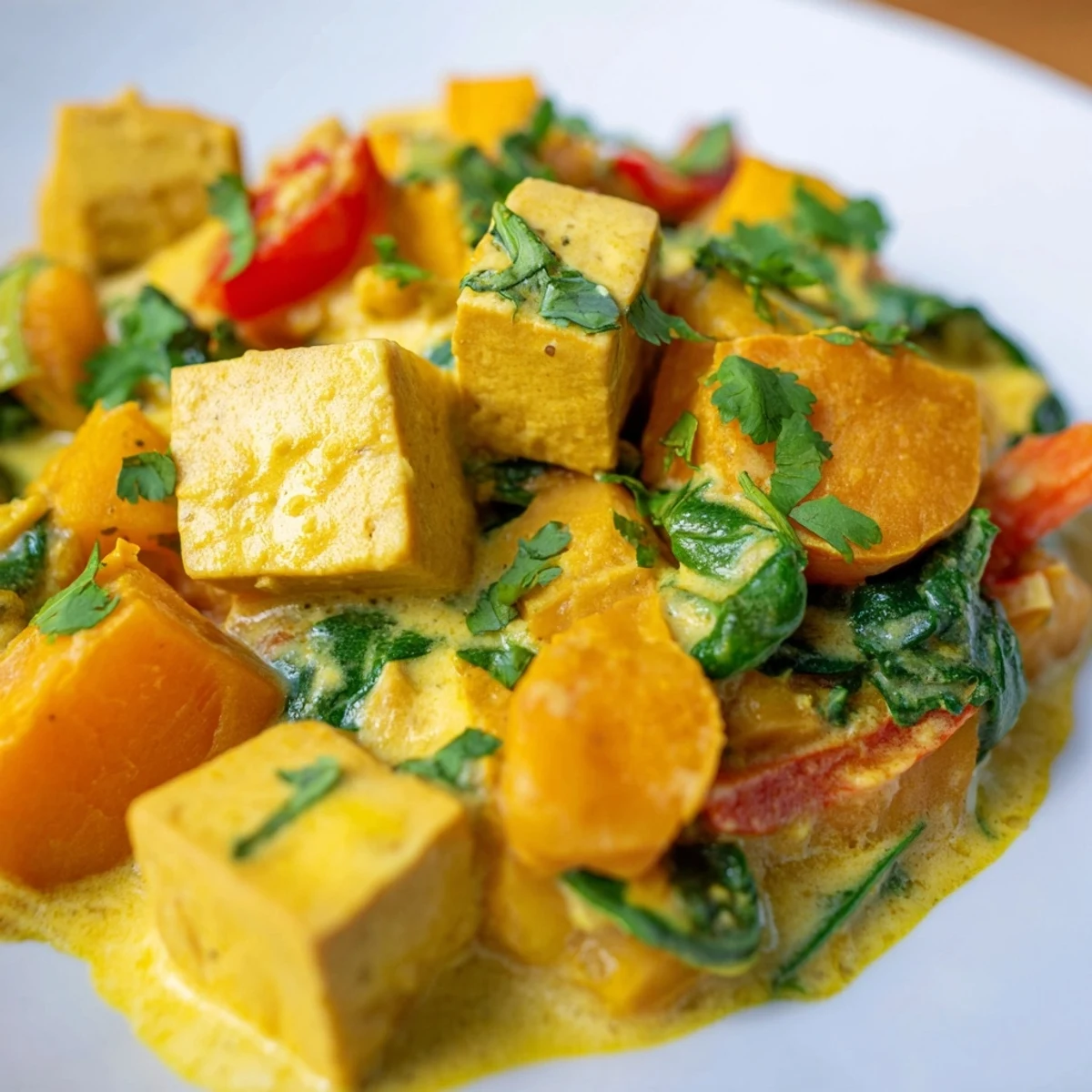 Vibrant orange pumpkin chunks and tofu simmered in fragrant Indian-inspired coconut curry broth