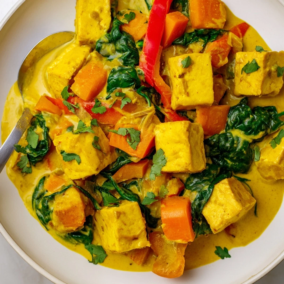 Steamy bowl of vegetarian pumpkin tofu curry topped with fresh cilantro and pumpkin seeds