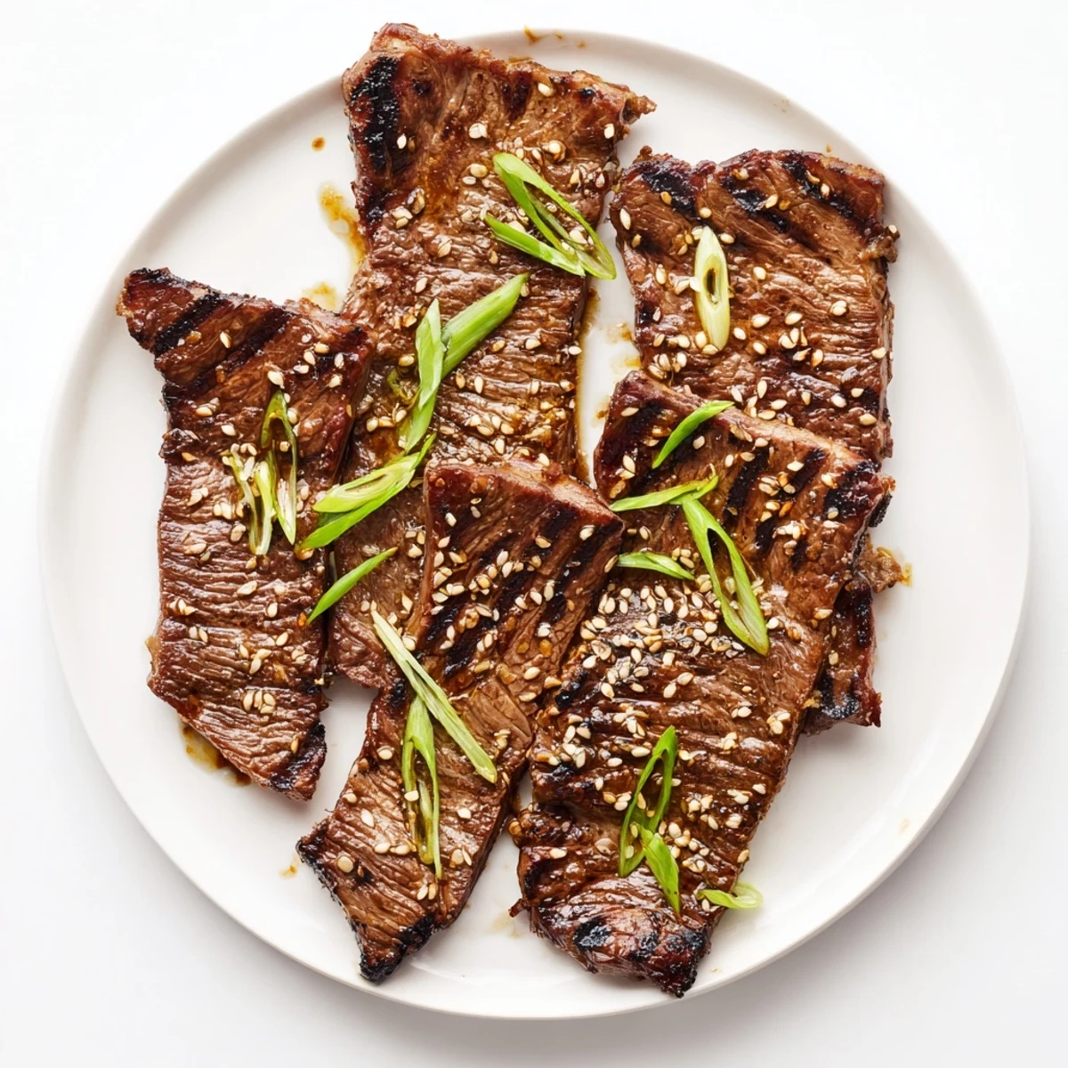Charred Korean Galbi grilled ribs with caramelized edges and sesame seed garnish on a white plate
