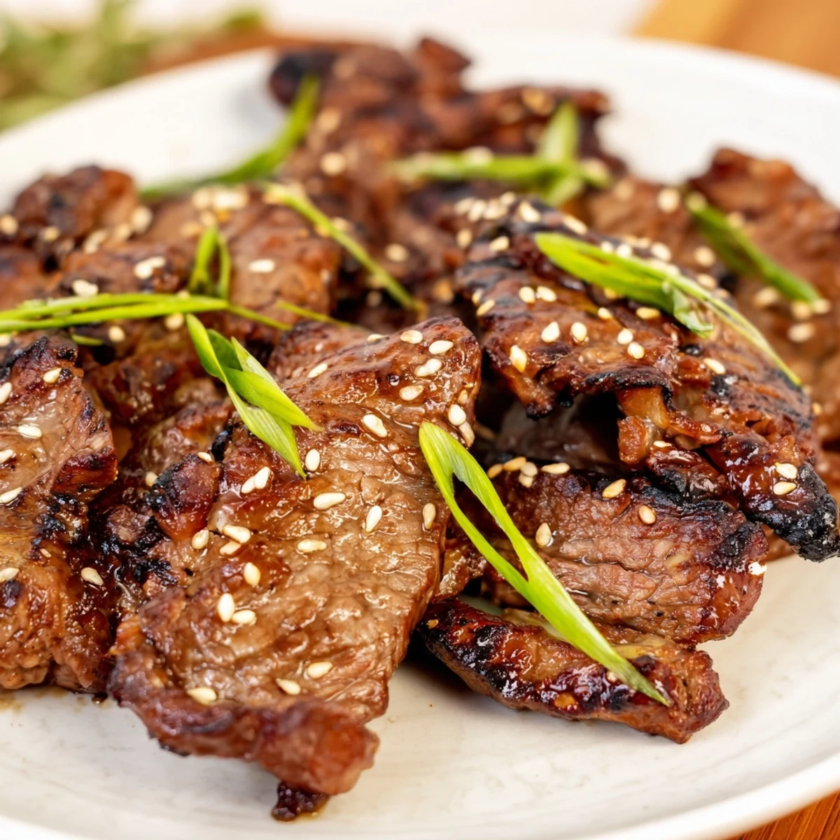 Tender beef short ribs in sweet soy marinade grilled to smoky perfection with green onions