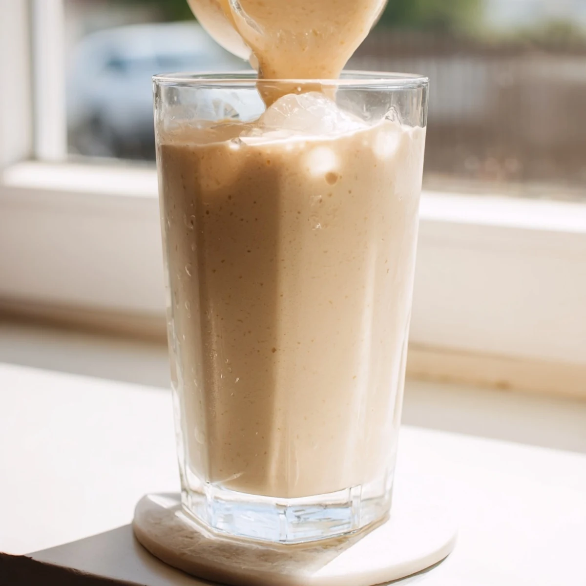 Creamy Greek yogurt banana smoothie poured into a tall glass with ice cubes