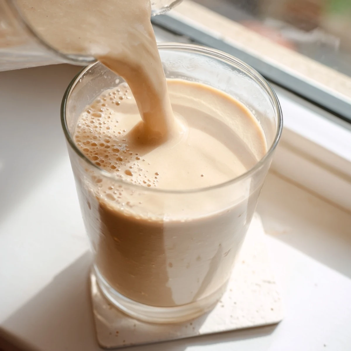 Thick Greek yogurt banana smoothie topped with fresh banana slices and chia seeds