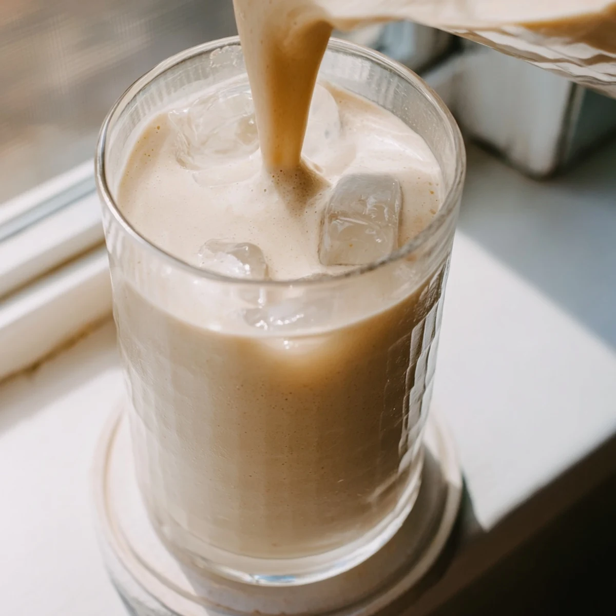 Glass of frothy Greek yogurt banana smoothie with cinnamon dusting on white background