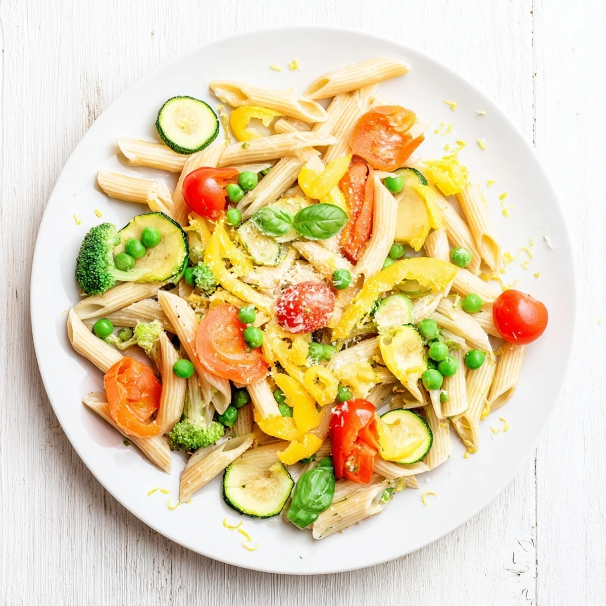Colorful pasta primavera bowl loaded with fresh spring vegetables in a light lemon Parmesan sauce