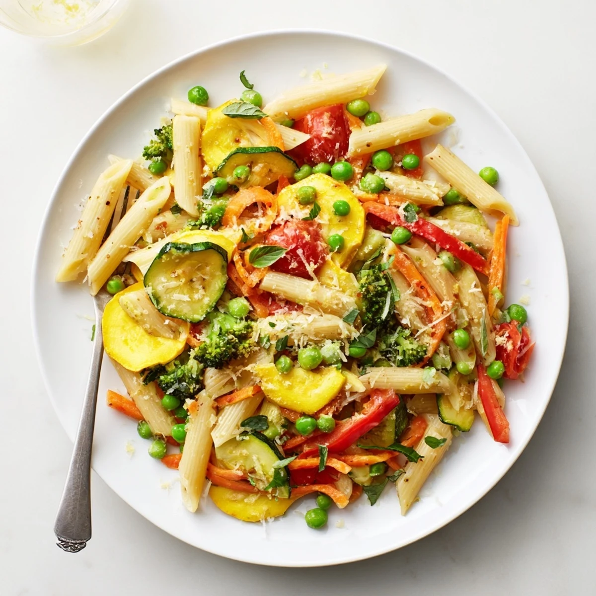 Garden-fresh pasta primavera featuring tender zucchini, bell peppers, and cherry tomatoes tossed with al dente penne