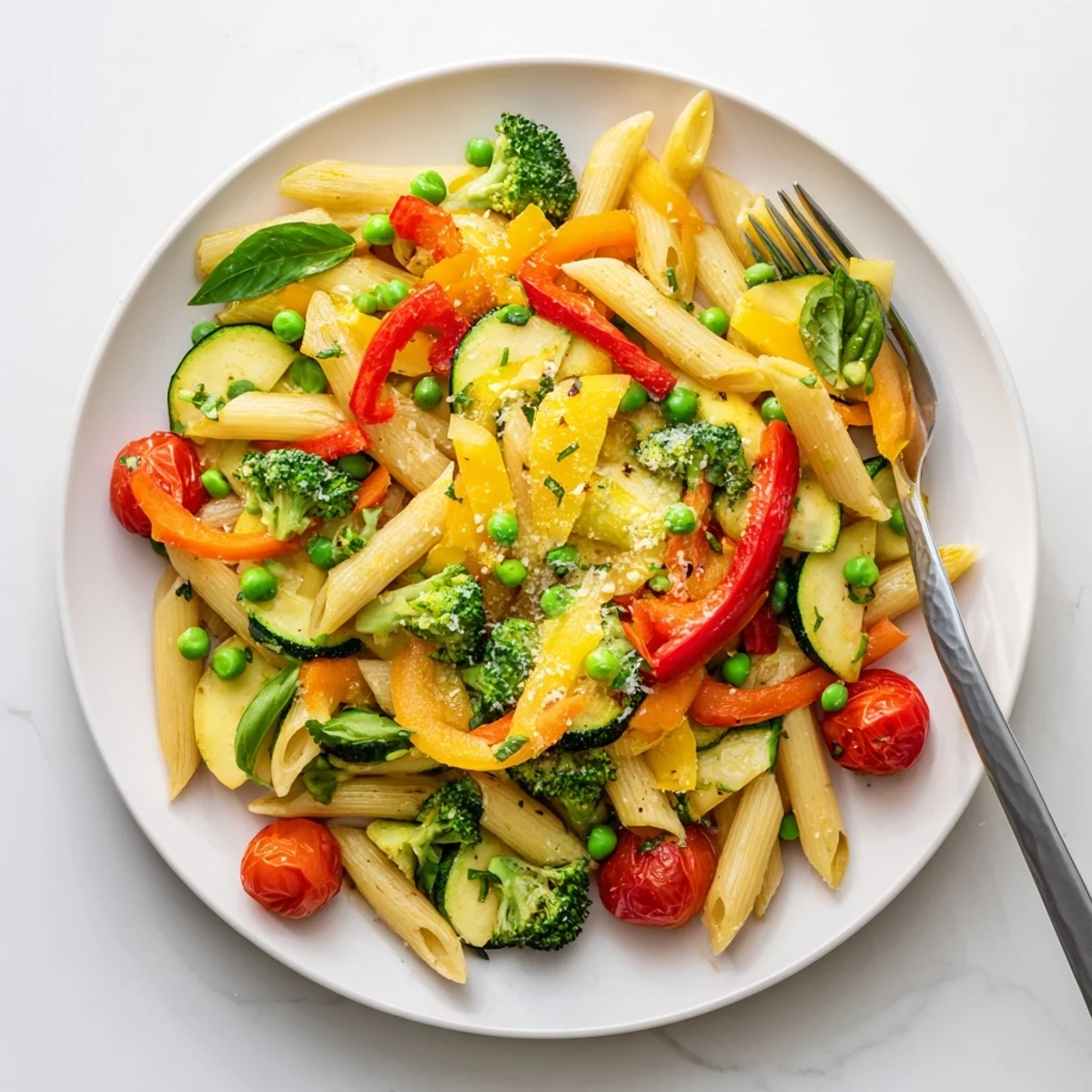 Vibrant Italian pasta primavera with crisp broccoli, yellow squash, and sweet peas garnished with fresh basil