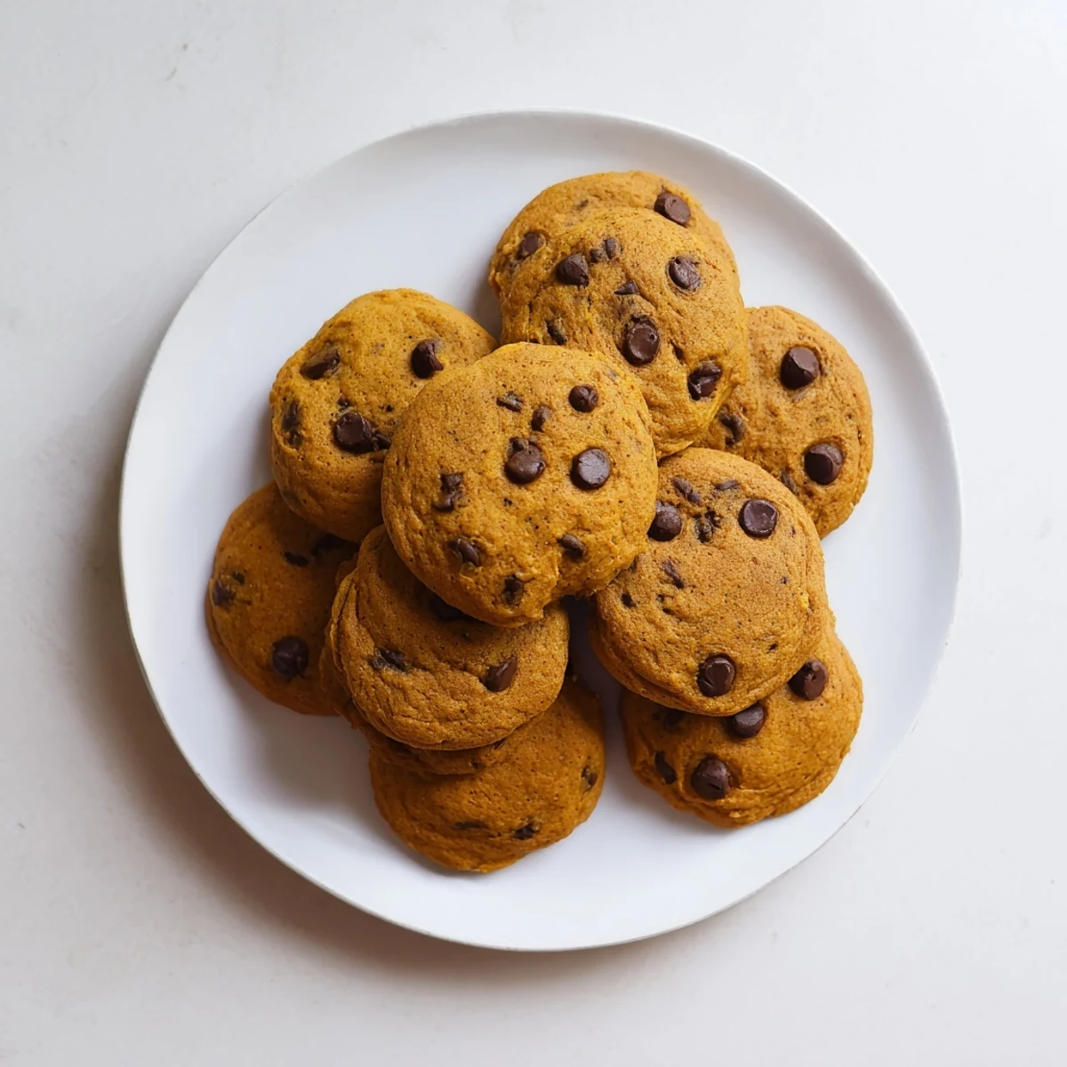 Soft freshly baked pumpkin spice chocolate chip cookies stacked on a white plate with autumn decorations