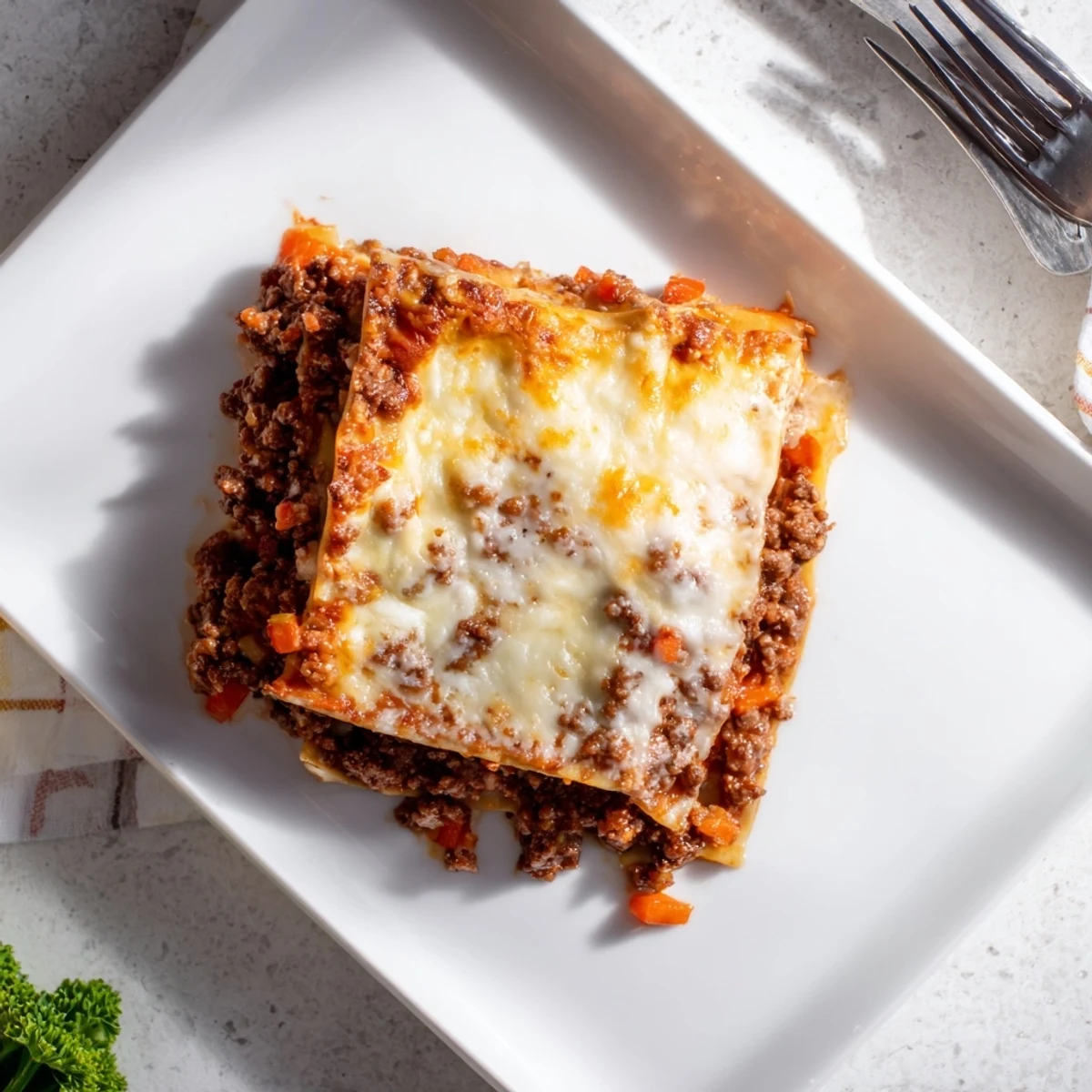 Square slice of classic beef lasagne showing tender pasta sheets between creamy béchamel and savory beef sauce