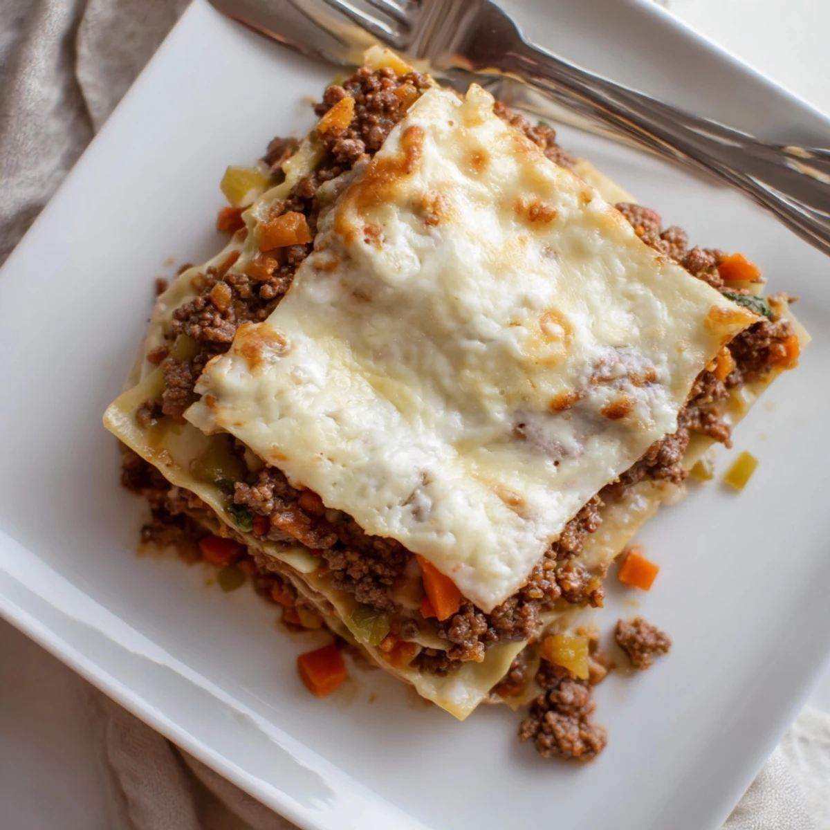 Classic beef lasagne baked to golden perfection with steam rising from the cheesy layered casserole
