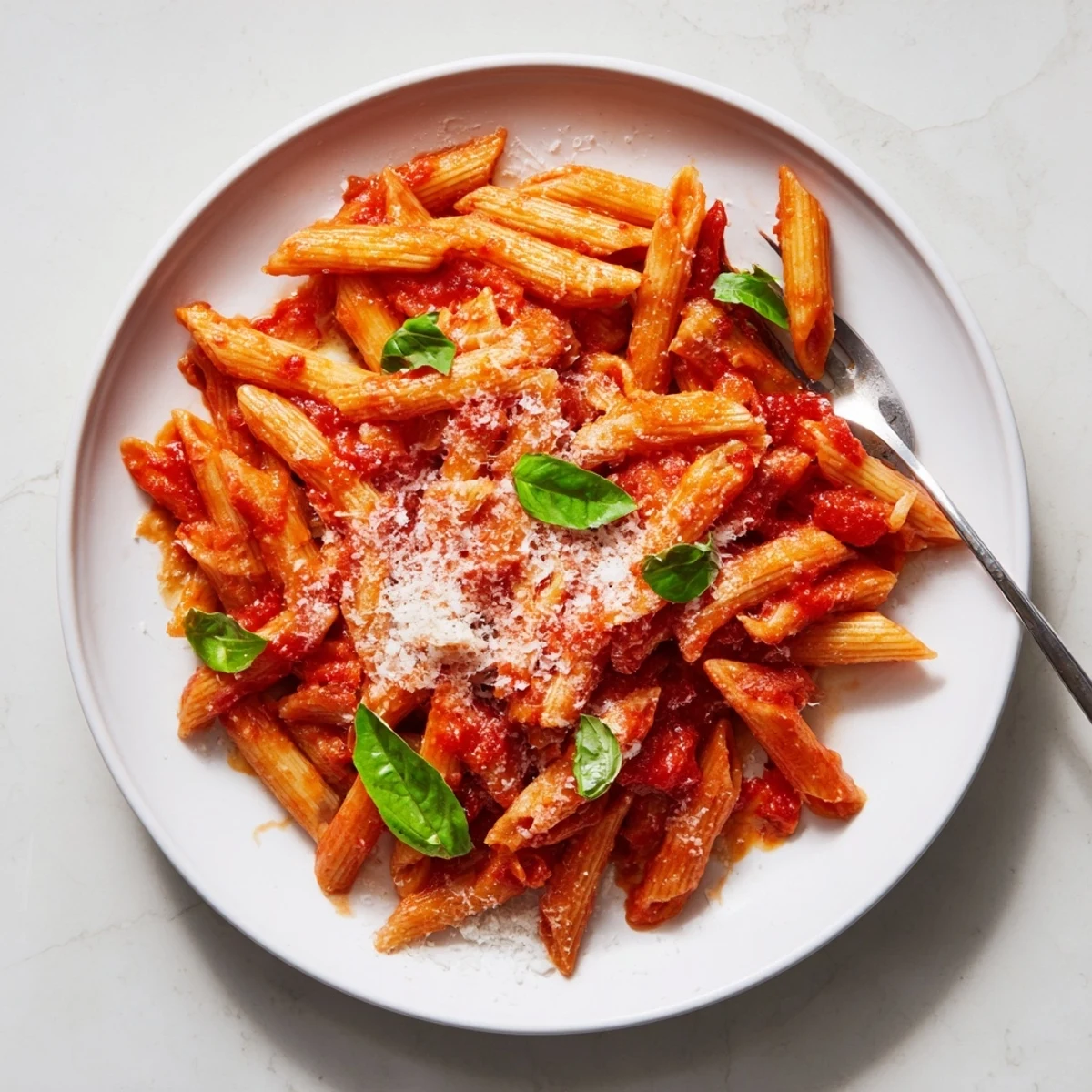 Golden penne pasta coated in vibrant red tomato sauce with fresh basil and Parmesan