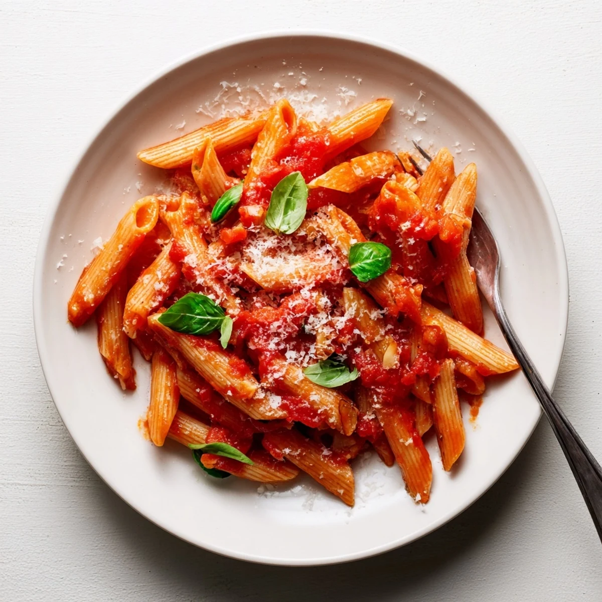 Rustic Italian penne pasta in garlicky tomato sauce topped with green basil and grated cheese