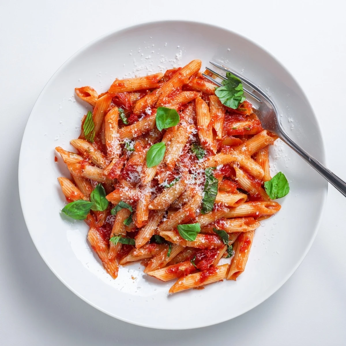 Steaming bowl of 20 minute penne pasta tossed with tomatoes, garlic, and melted Parmesan
