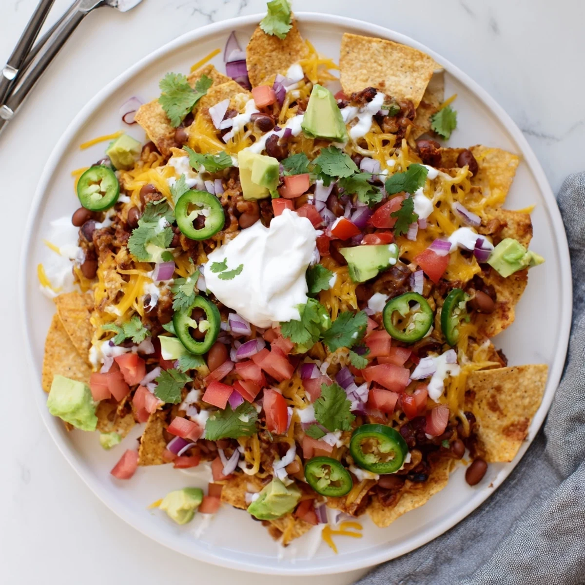 Golden cheesy baked bean nachos piled on crispy chips with colorful fresh toppings