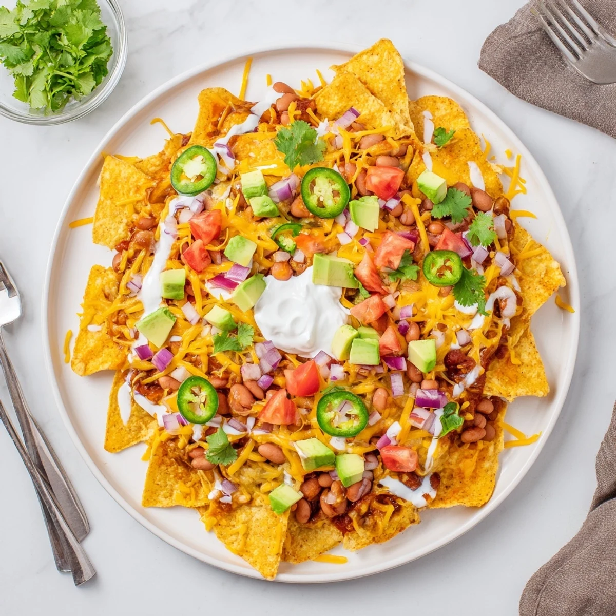 Hearty platter of baked bean nachos garnished with tomatoes avocado and sour cream