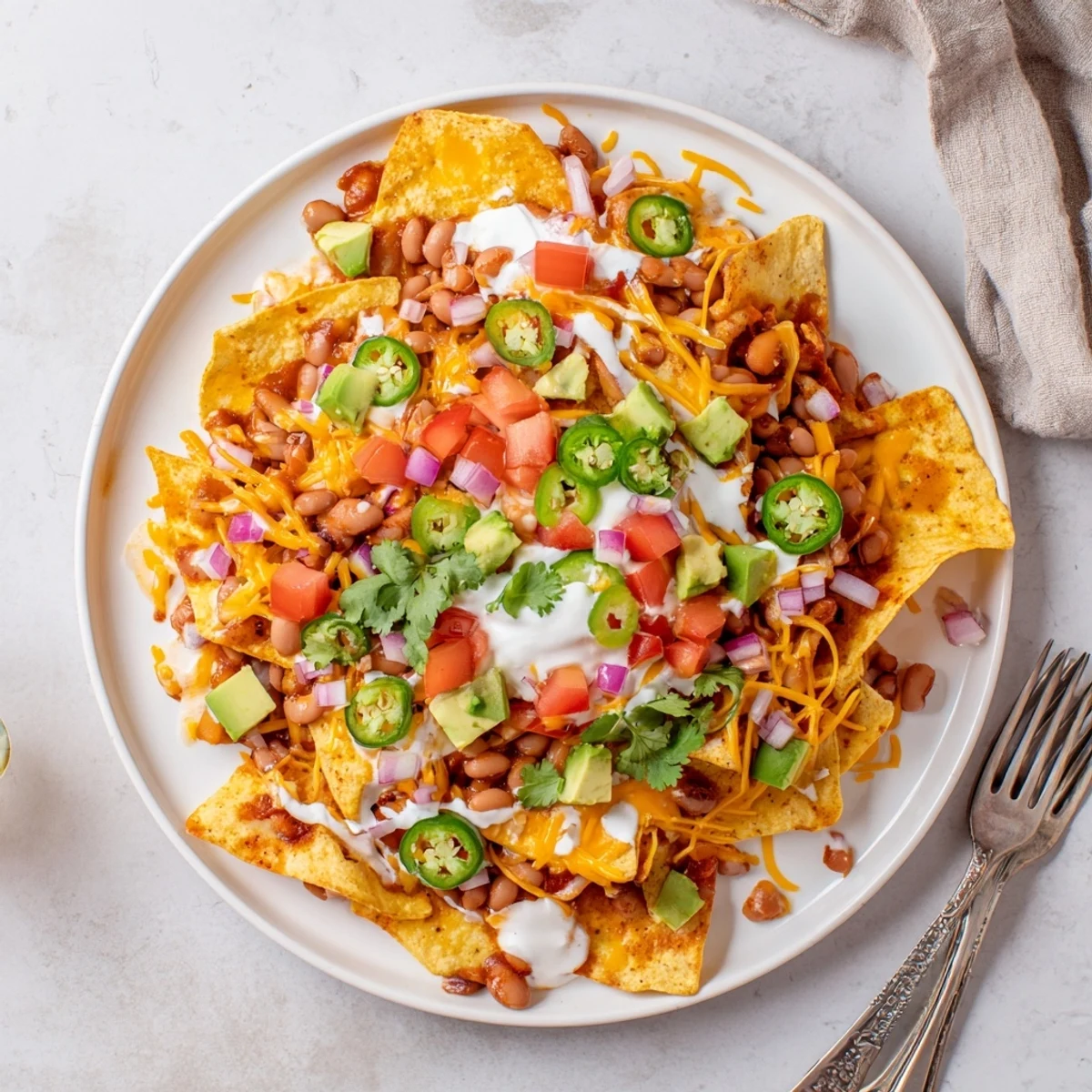 Crispy tortilla chips topped with melted cheese and savory baked beans ready for sharing