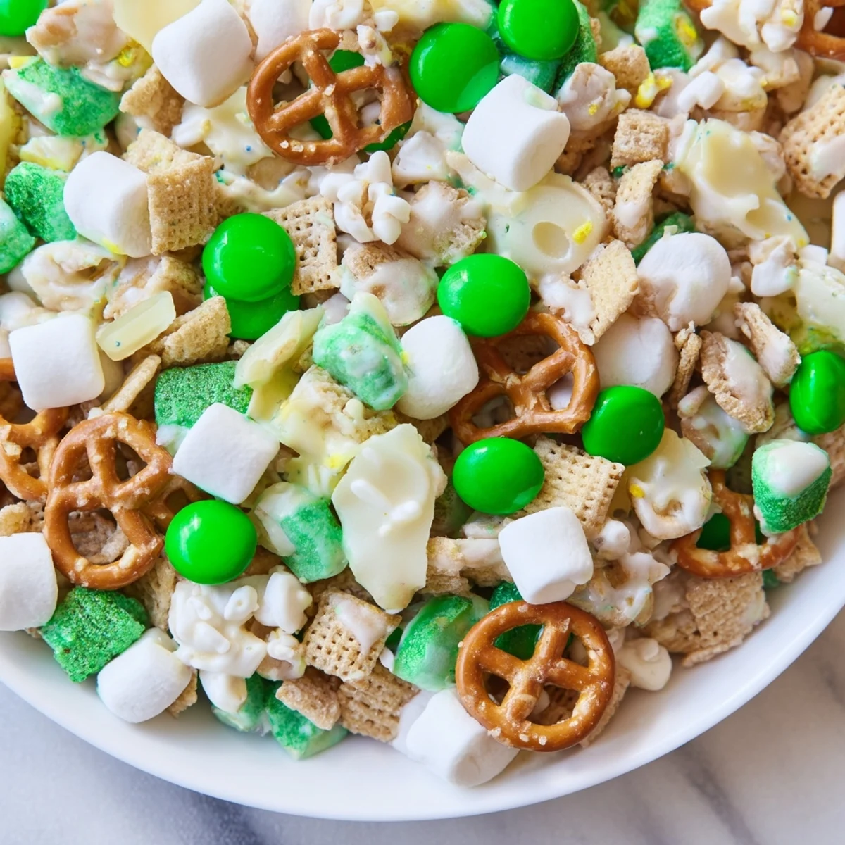 Festive Leprechaun Bait featuring green candies and marshmallows in a white serving bowl for St. Patricks Day
