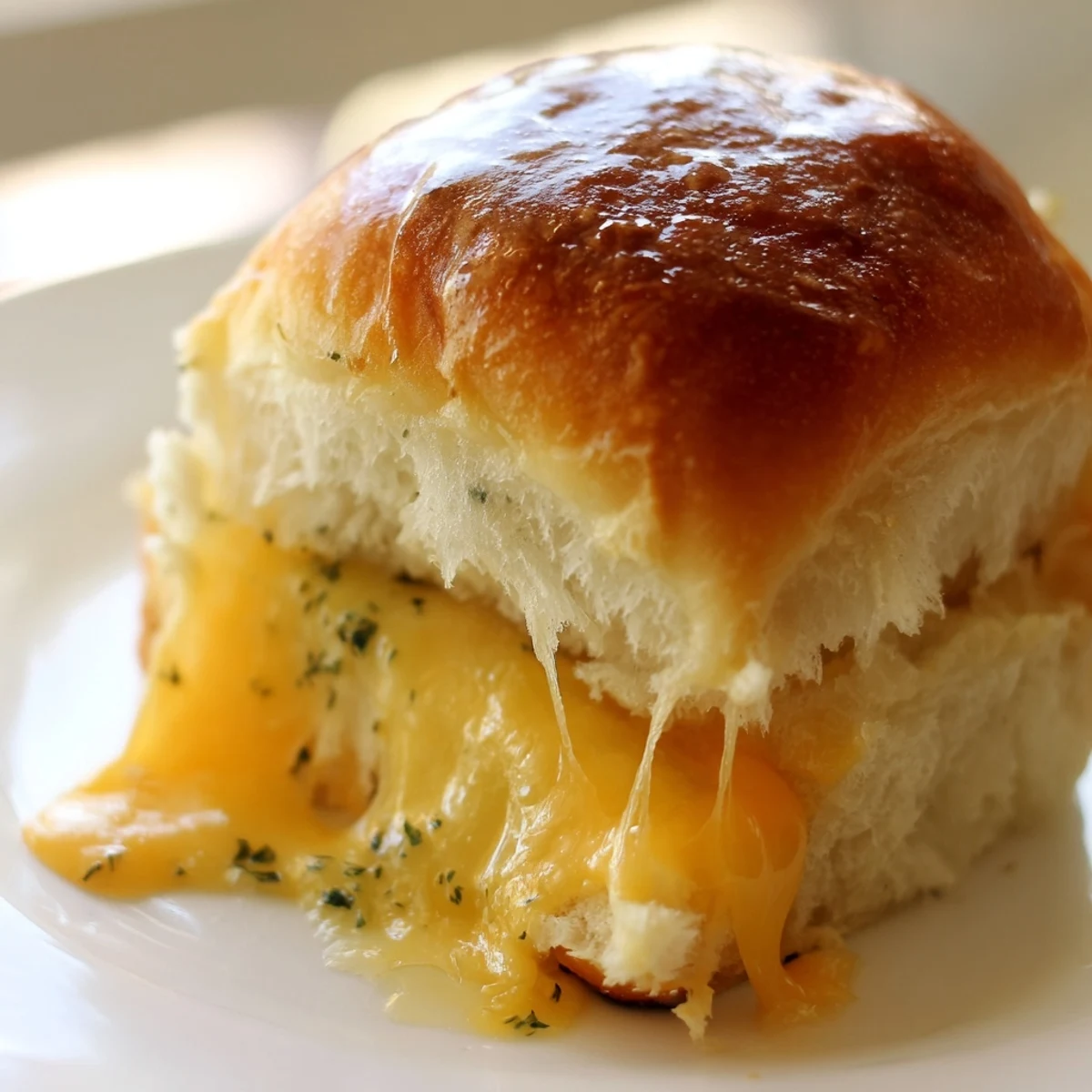 Golden brown mini grilled cheese Hawaiian rolls with gooey melted cheddar cheese centers