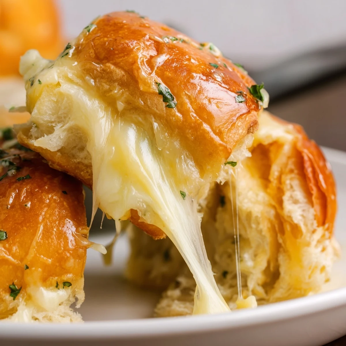Soft sweet Hawaiian roll sliders stuffed with melted cheese and brushed with garlic butter