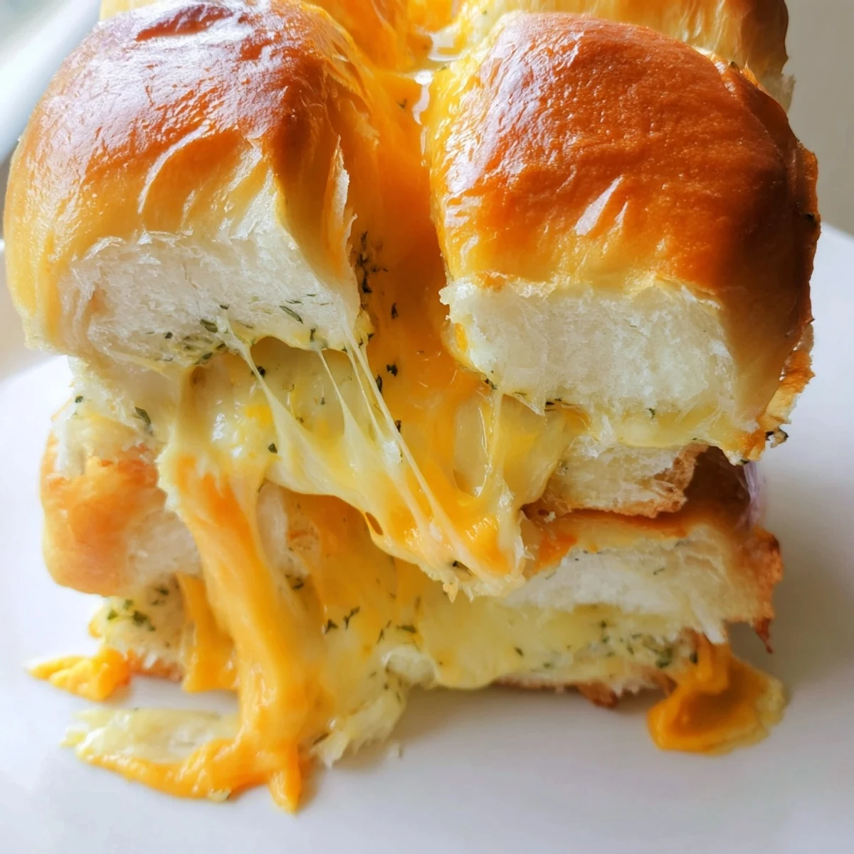 Bite-sized Hawaiian roll grilled cheese sandwiches with golden toasted tops and cheesy filling
