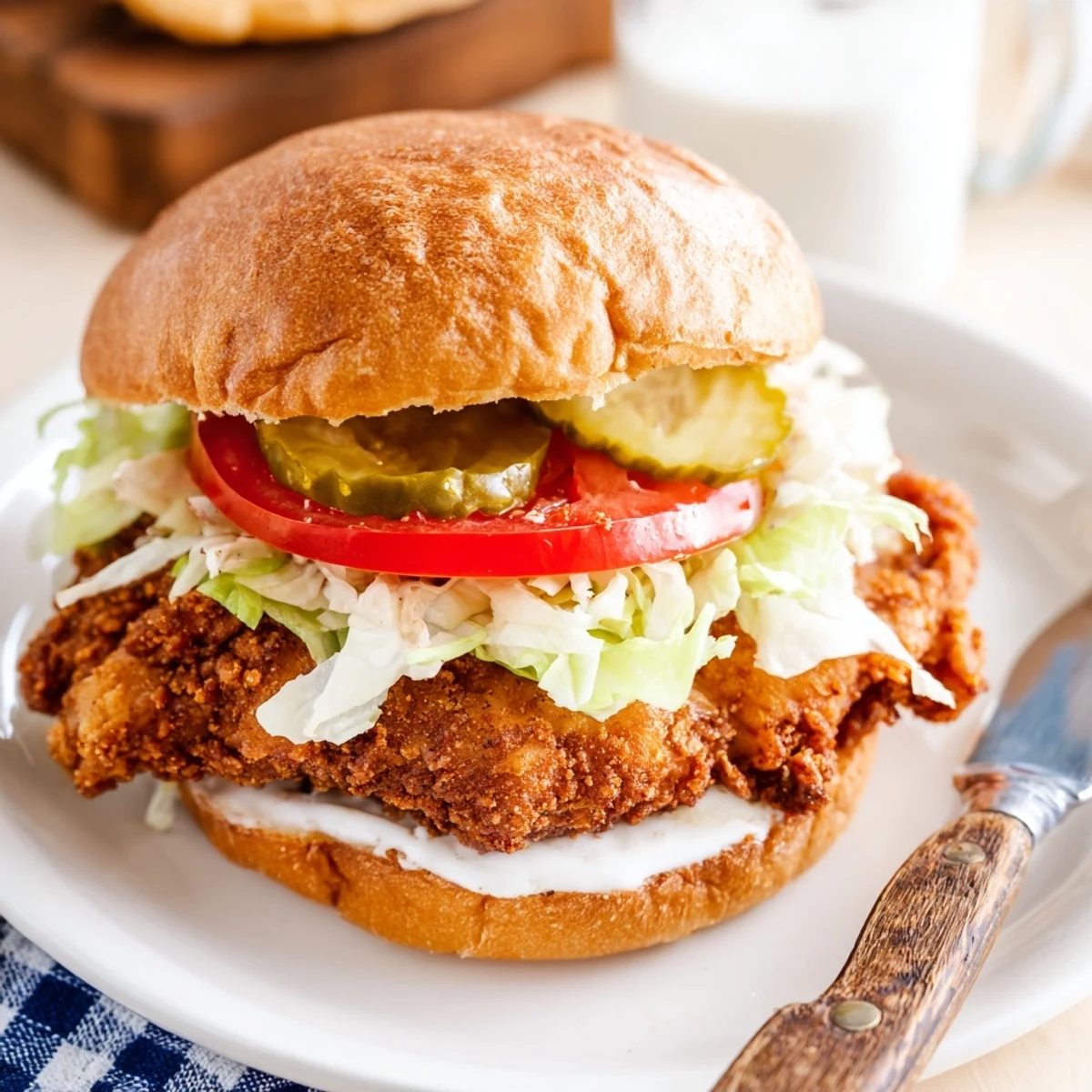 Crispy golden spicy chicken sandwich stacked with lettuce, tomato, and pickles on toasted brioche bun