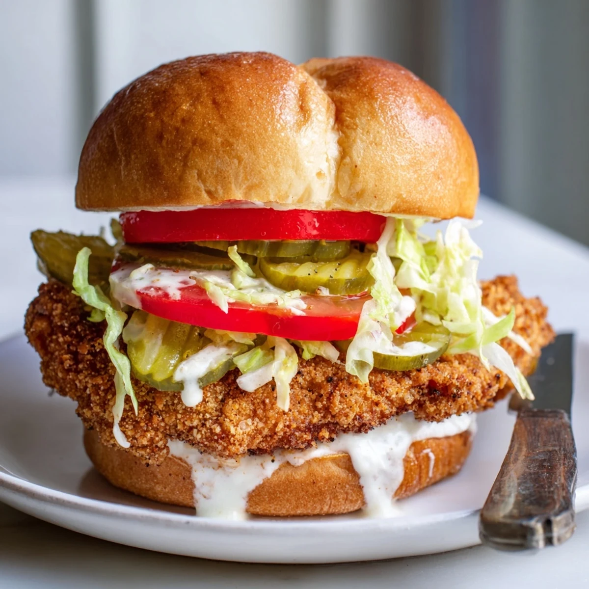 Homemade spicy chicken sandwich featuring juicy fried breast and tangy sauce on warm toasted bun