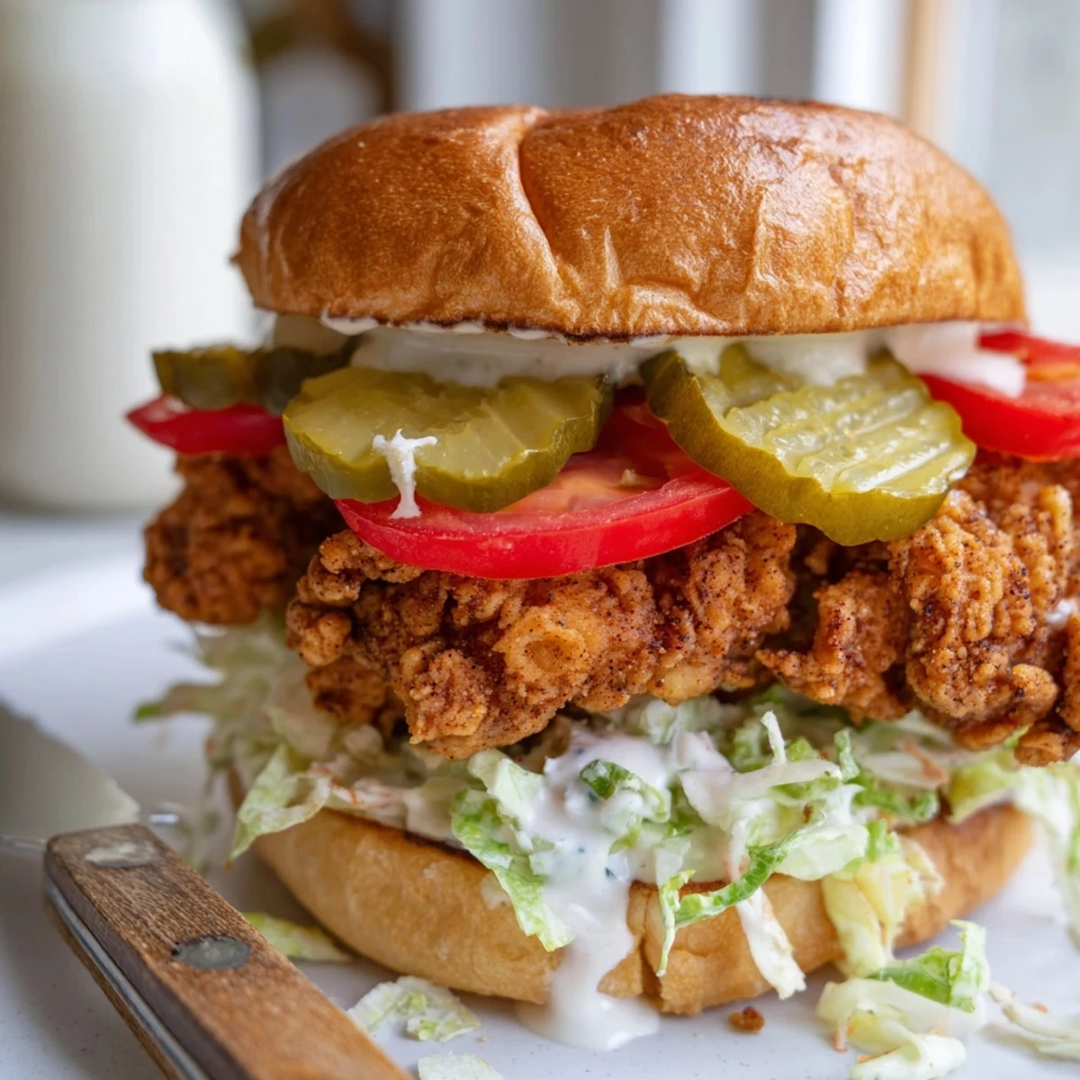 Fried spicy chicken sandwich drizzled with creamy homemade sauce and fresh vegetable toppings
