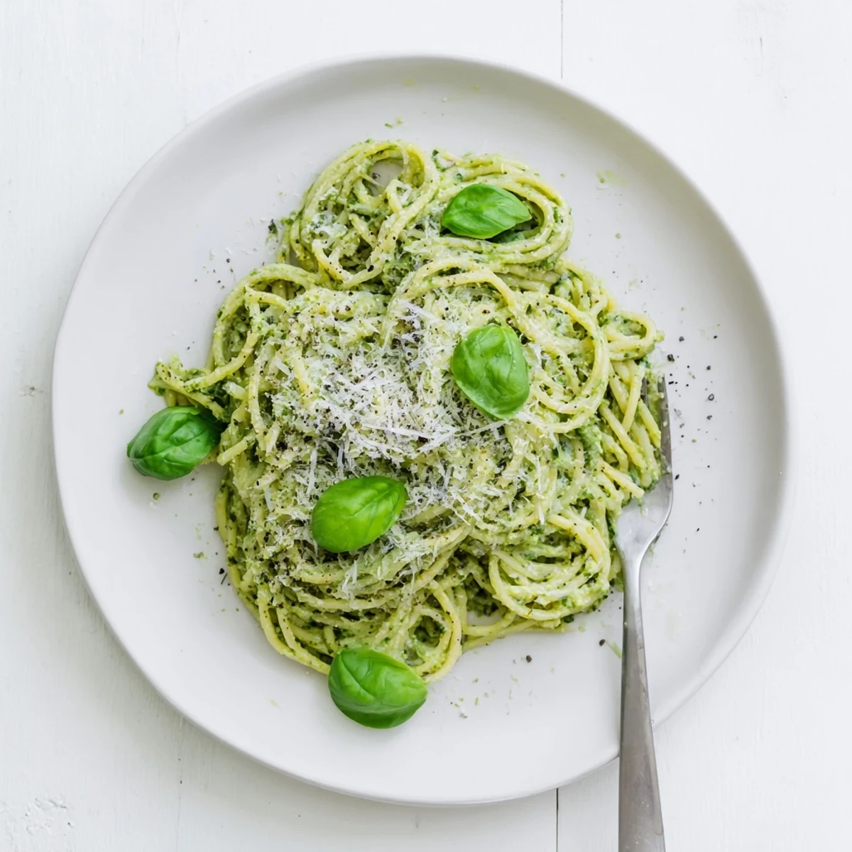 Creamy avocado spinach basil pesto coats tender spaghetti noodles with vibrant green sauce