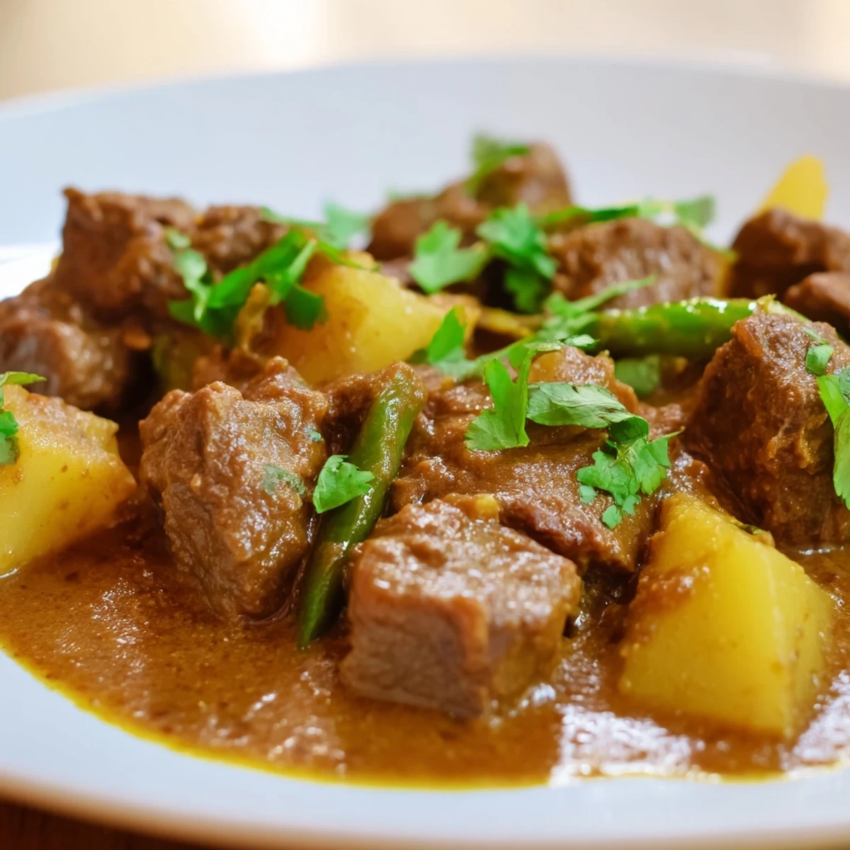 Tender slow cooker Indian beef curry with potatoes, garnished with fresh cilantro and served over fluffy white rice