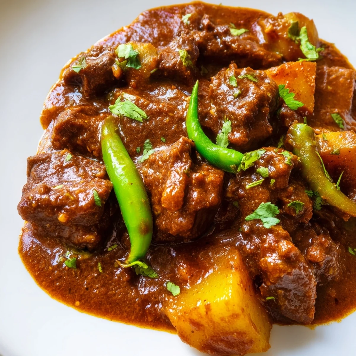 Rich and aromatic slow cooker Indian beef curry featuring meltingly tender beef chunks in a spiced coconut sauce