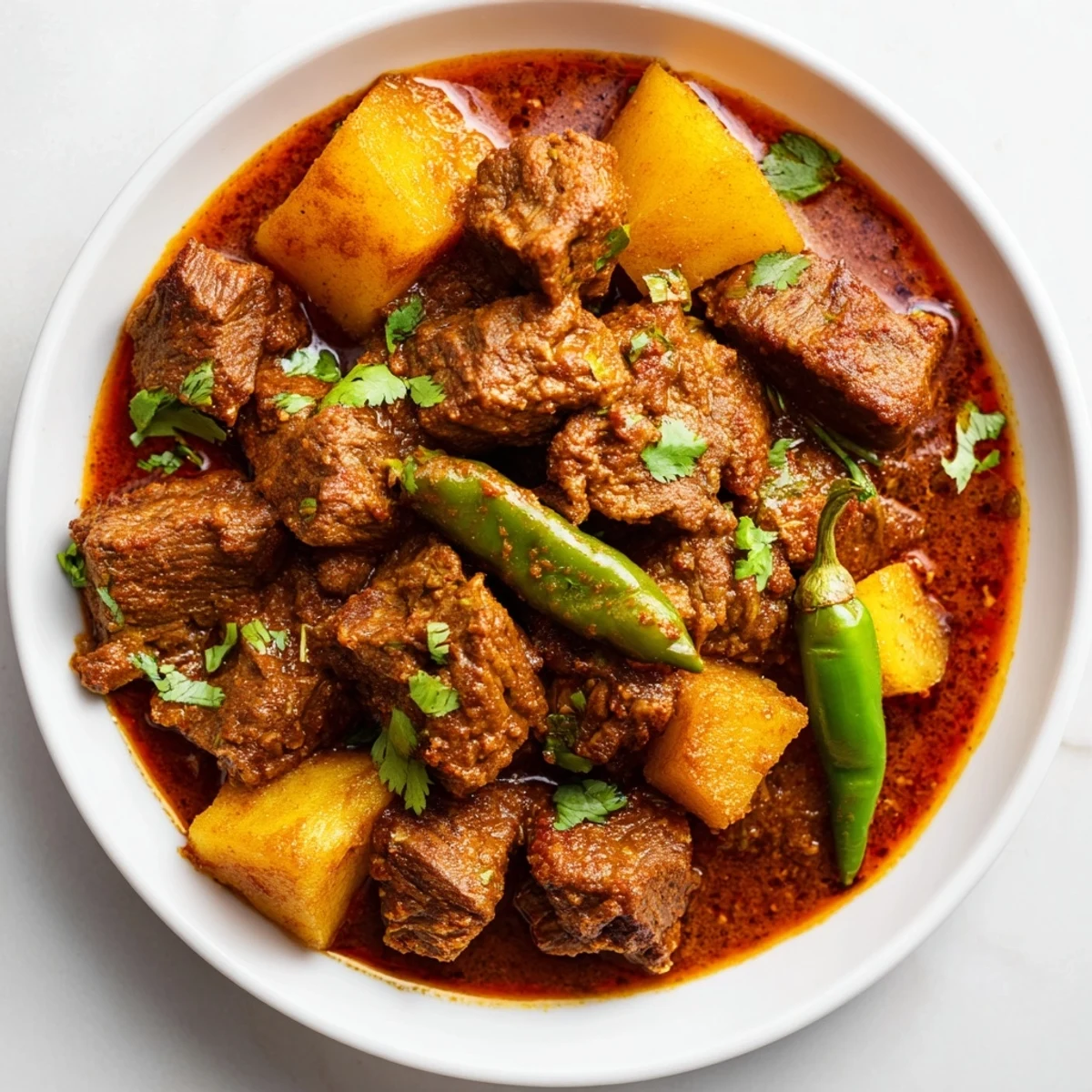Hearty slow cooker Indian beef curry bowl with tender beef, potatoes, and fragrant spices, garnished with green cilantro