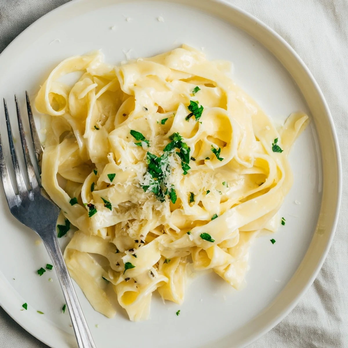 Silky butter Alfredo sauce clings to al dente fettuccine sprinkled with Parmesan cheese