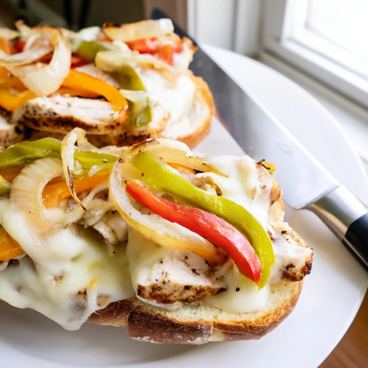 Ultimate chicken cheese steak sandwich overflowing with juicy chicken strips, caramelized onions, and gooey cheese