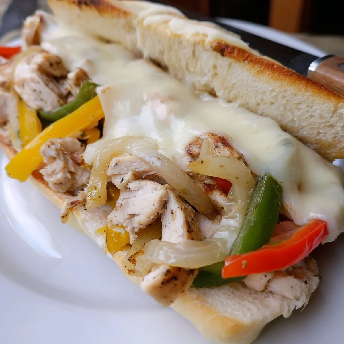 Crispy submarine roll stuffed with spiced chicken, bell peppers, and bubbling provolone cheese slices